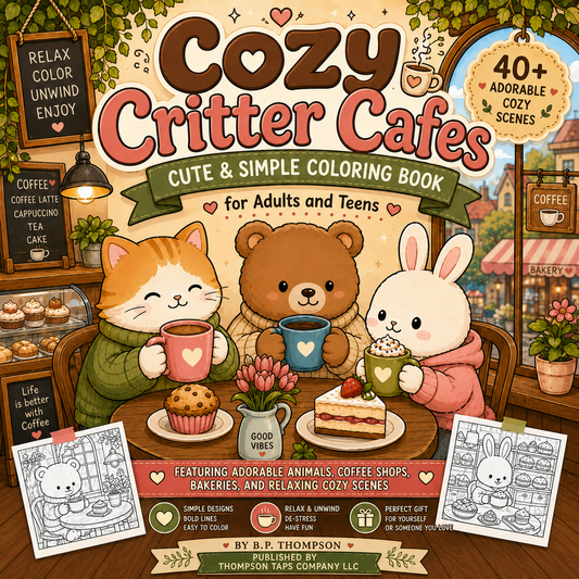 COZY CRITTER CAFES  Cute & Simple Coloring Book for Adults and Teens  Featuring Adorable Animals, Coffee Shops, Bakeries, Garden Cafés, and Relaxing Cozy Scenes